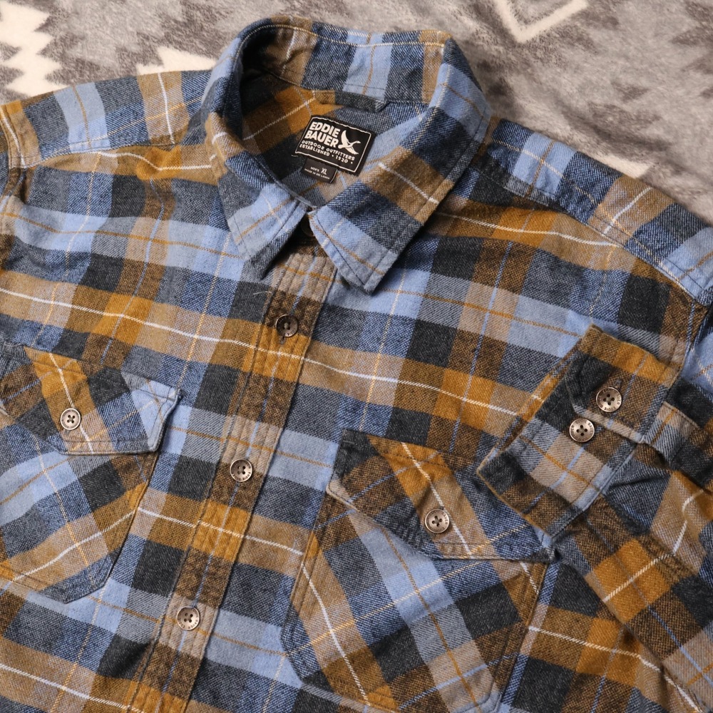 Eddie Bauer Plaid Hemp Blend Flannel Shirt XL Blue Yellow Button Down